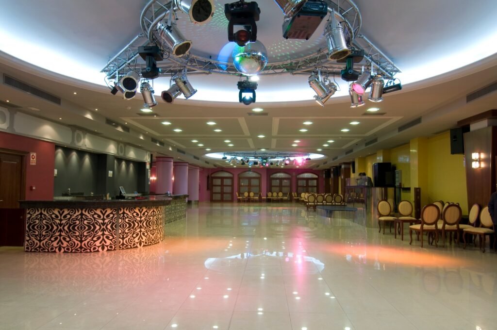 Dance hall with full lighting rig and bar